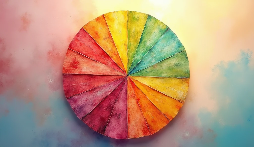 A colorful wheel representing different aspects of life (Amemos, health, money, happiness) on a soft background. Harmonious colors and a sense of balance.