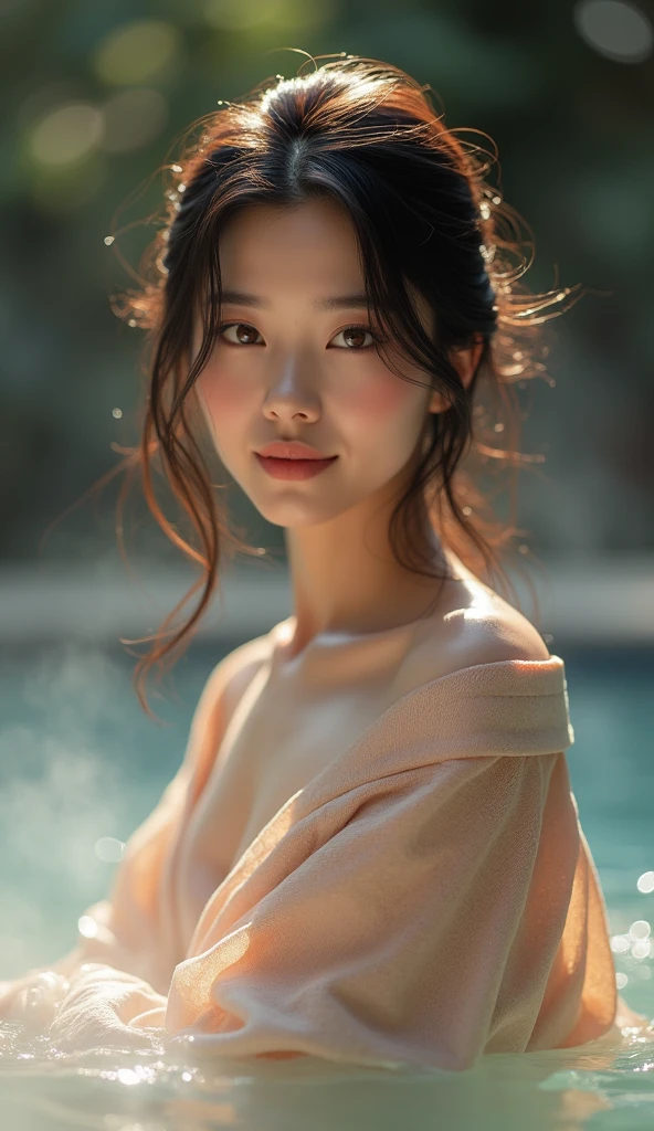 masterpiece、highest quality、High resolution、Tabletop、wallpaper、Realistic、Bright lighting、Professional Lighting、Face Light、Smooth lighting、Japanese women、Adult female、Beautiful woman、、Modeled、gravure、sexy、so beautiful、Beautiful Skin、Beautiful and detailed、Detailed face、slim、Large Breasts、Cleavage 、short hair、Brunette colored hair、Brown eyes、Looking at the camera、Japanese Kimono、Japanese Yukata、hot spring、smile