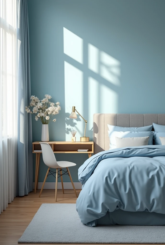 The bed is light blue, the comforter is gray, the curtains are light blue, the floor is light brown, and there is a desk next to it.