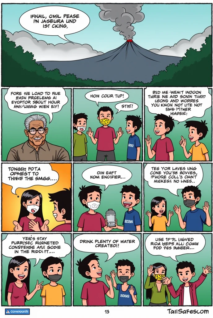 create a short comics strip on Ways to protect yourself from Taal Volcanic Smog.