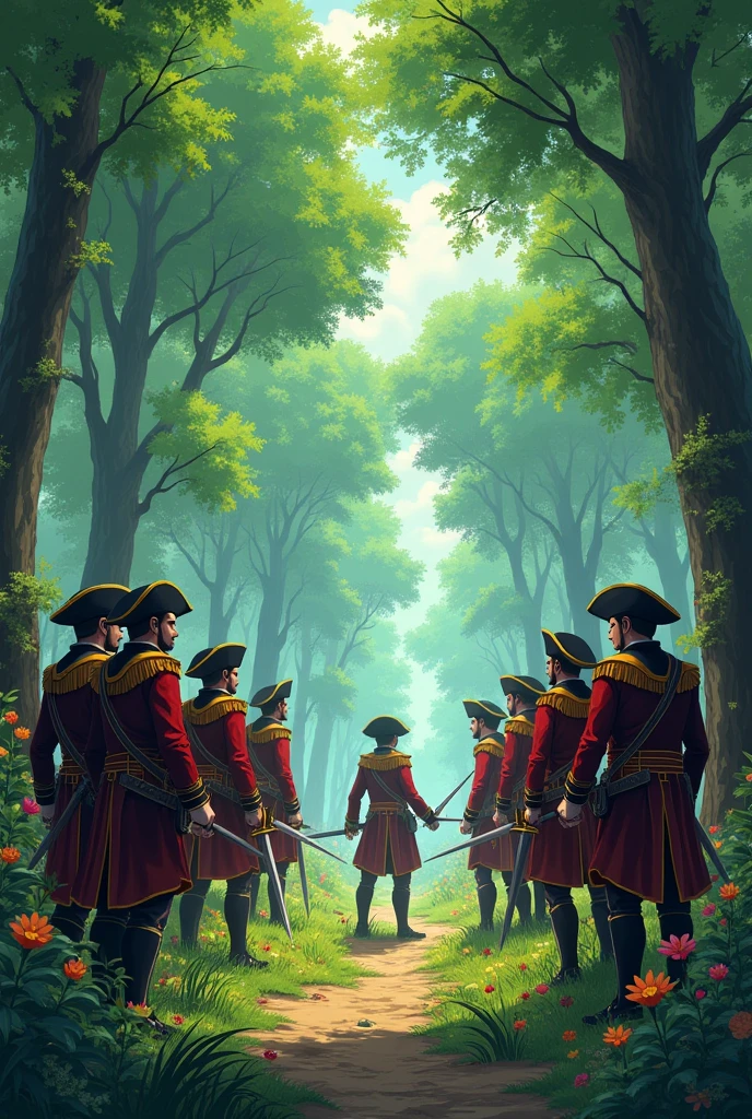Humans from the 1740 British Navy Army invade the forest 2D anime look at the beings in front of them and get into a fighting stance