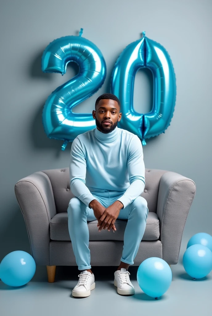 best qualityer:1.4), (ultra high resolution:1.2), (photorrealistic:1.4), (8k, CRU photo:1.2), 1 young man, 20 years old, thin, skin black, with a smooth, beardless face, with short hair with shaved sides and a low top, similar to the fade or taper haircut style, baby blue long sleeve turtleneck shirt. Baby blue dress pants. White sneakers. He is sitting on a gray sofa. You are in a photography studio with a gray background. On the wall there are blue balloons shaped like the number 20. The hair on top is well cut. There is no muscle in the arms. Baby blue balloons are scattered on the floor.