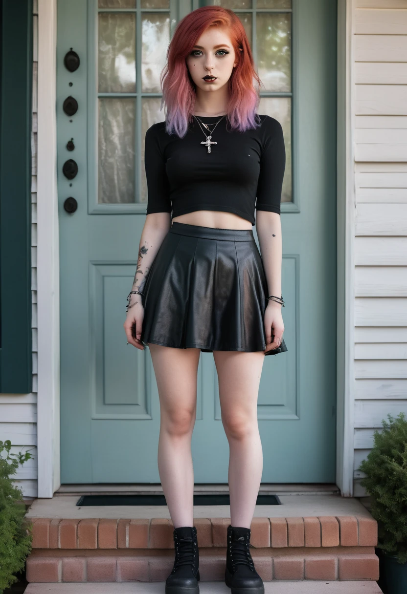 Front porch of suburban house, pastel goth, sexy goth girl, photo of cute 20 year old Italian redhead women, bare foot, short skirt, standing, full body picture, no lipstick, no lipstick, cinematic shot, hard shadows, photorealistic, cute face, looking at the viewer, photography, raw photo, white rainbow hair, detailed skin, sexy goth girl, face blush, front porch of suburban house, pastel goth, sexy goth girl, photo of cute 20 year old Italian redhead women, bare foot, short skirt, standing, full body picture, no lipstick, no lipstick, cinematic shot, hard shadows, photorealistic, cute face, looking at the viewer, photography, raw photo, white rainbow hair, detailed skin, sexy goth girl, face blush. Realistic, perspective, religious or mythological themes, highly detailed