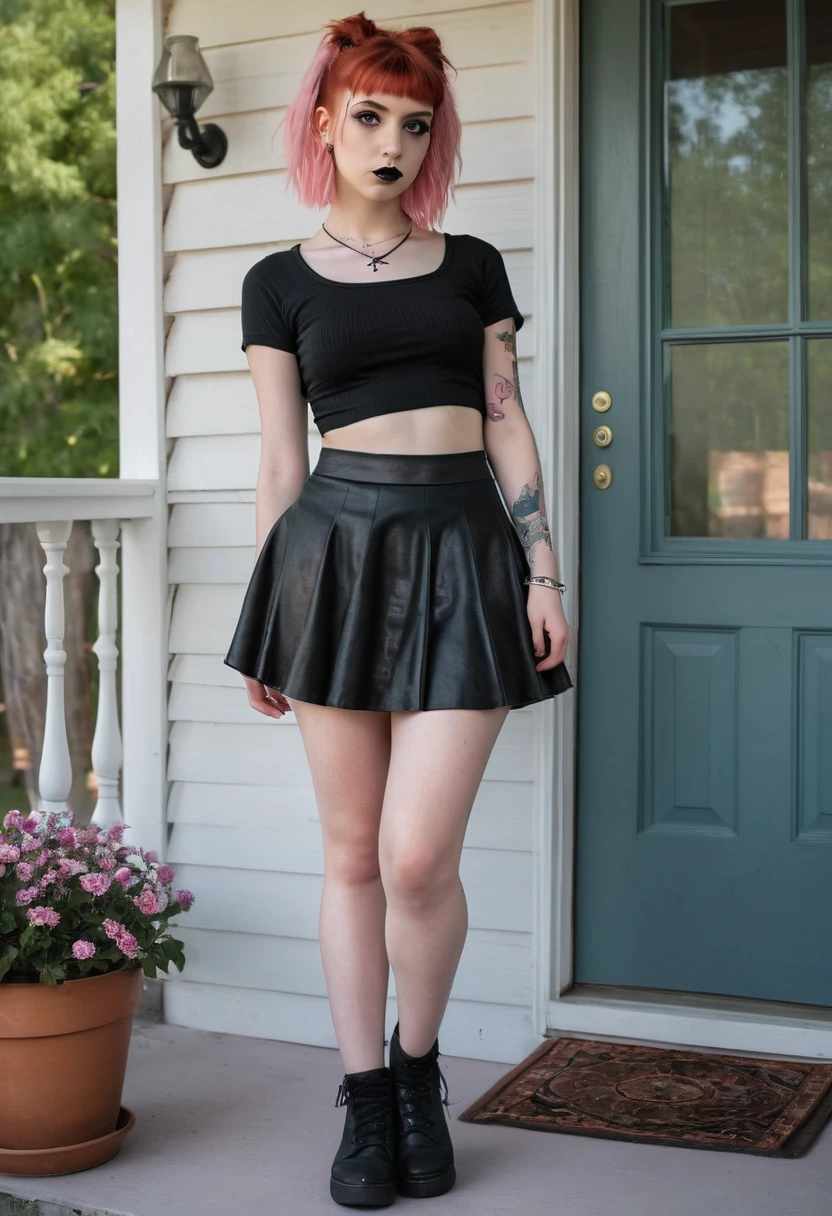 Front porch of suburban house, pastel goth, sexy goth girl, photo of cute 20 year old Italian redhead women, bare foot, short skirt, standing, full body picture, no lipstick, no lipstick, cinematic shot, hard shadows, photorealistic, cute face, looking at the viewer, photography, raw photo, white rainbow hair, detailed skin, sexy goth girl, face blush, front porch of suburban house, pastel goth, sexy goth girl, photo of cute 20 year old Italian redhead women, bare foot, short skirt, standing, full body picture, no lipstick, no lipstick, cinematic shot, hard shadows, photorealistic, cute face, looking at the viewer, photography, raw photo, white rainbow hair, detailed skin, sexy goth girl, face blush. Realistic, perspective, religious or mythological themes, highly detailed