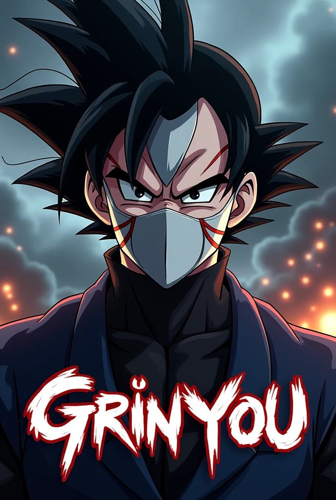 Goku black with a white anbu mask with some small red stripes that cover his entire face but you can see his hair and only his head and you write a logo with this name Grinyou. The mask has to cover his entire face but it has to be Goku black Anime
