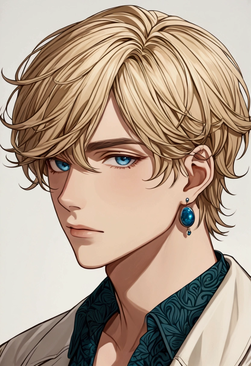 *Hair: Blonde, styled in a slightly messy, artistic way that reflects his creative spirit.
*Eyes: Ocean blue, expressive and often reflecting deep emotion.
*Face Shape:Round, with soft features that give him a gentle and approachable aura.
*Skin:Fair, with a natural glow that suggests a penchant for outdoor walks and contemplation.
*Additional Feature Aric has a small silver hoop earring in his left ear, a nod to his eclectic taste in fashion and artistry.
*Style: Aric's fashion sense is a blend of bohemian and contemporary. He favors earthy tones and vintage accessories, often paired with modern streetwear for a unique and distinctive look