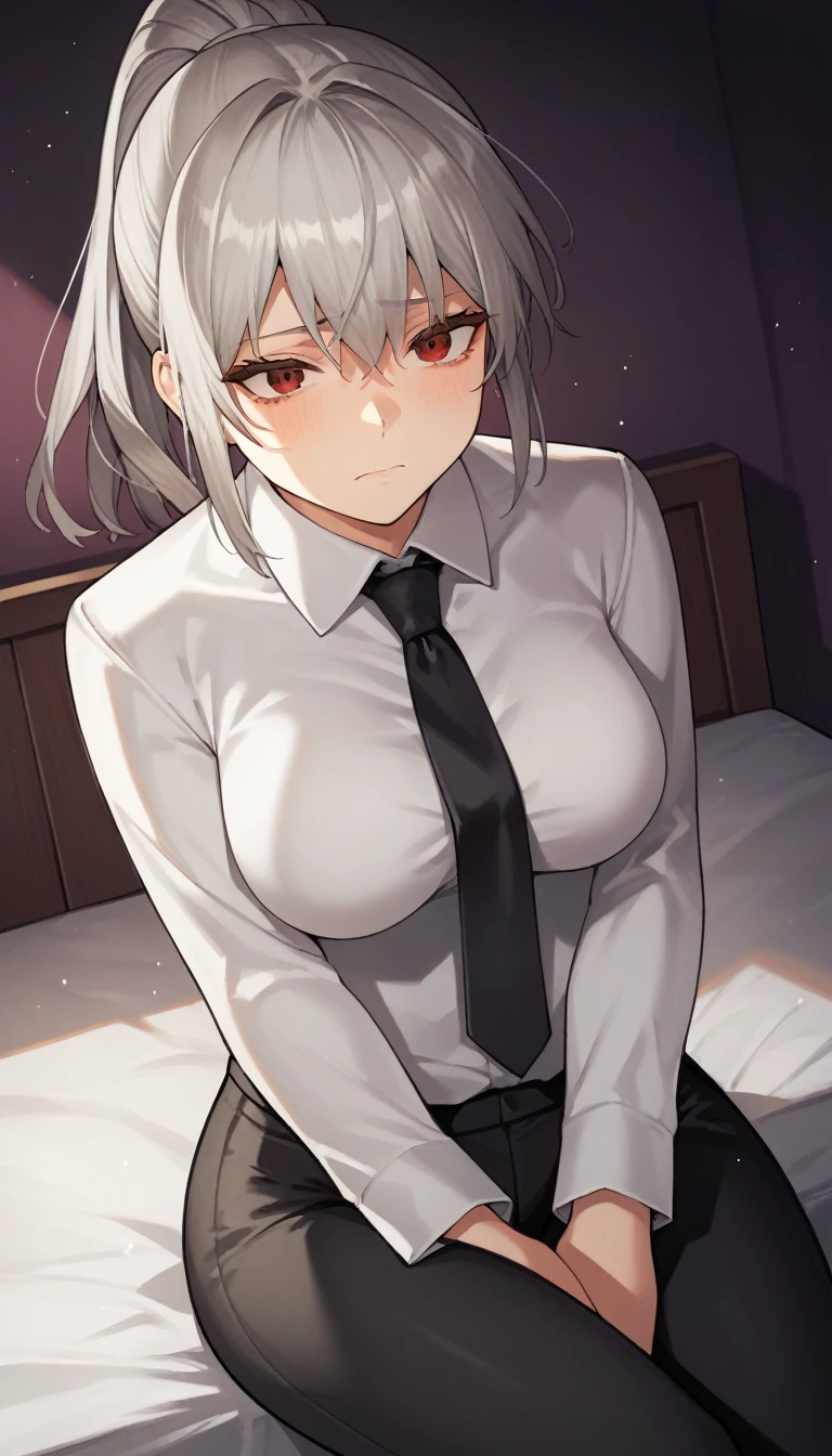 score_9, score_8_up, score_7_up, source_anime, 1girl, red eyes, room, wariza, ponytail, grey hair, cry face, portrait, blazer, starshadowmagician, solo, Adult woman, best perfect anatomy, thin, curvy body, medium breasts, curvy body, close up shot on person suffering from anxiety, a woman showing sadness, lonely woman, a woman sitting in bed, white shirt, black tie, Long-sleeved shirt, black trousers, dynamic angle. no light source, dark background, night days, dark hotel bedroom background,