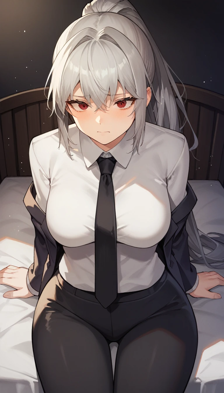 score_9, score_8_up, score_7_up, source_anime, 1girl, red eyes, room, wariza, ponytail, grey hair, cry face, portrait, blazer, starshadowmagician, solo, Adult woman, best perfect anatomy, thin, curvy body, medium breasts, curvy body, close up shot on person suffering from anxiety, a woman showing sadness, lonely woman, a woman sitting in bed, white shirt, black tie, Long-sleeved shirt, black trousers, dynamic angle. no light source, dark background, night days, dark hotel bedroom background, 