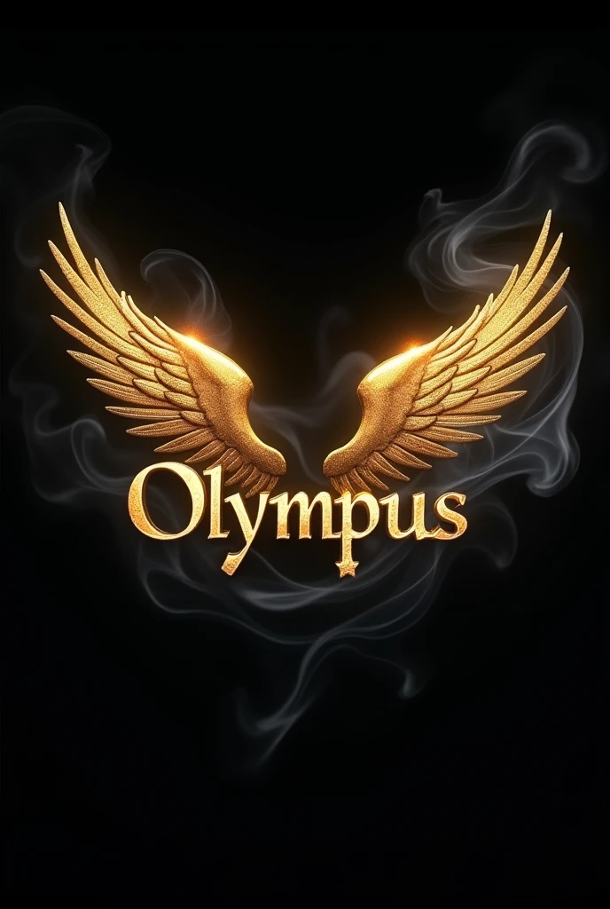 Two small golden wings with the word "Olympus" In the middle, black background and flowing smoke