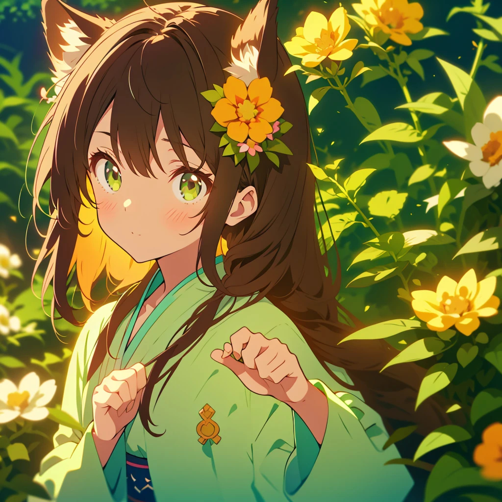 claw pose, kawaii, anime, Cute, hyper quality, highly detailed, 8k, Clarity, Draw facial expressions in detail, Girl with long dark brown hair and green eyes, surrounded by flowers, flowers, bright sky, coffee, claw pose, highlight on eyes, troubled face, 