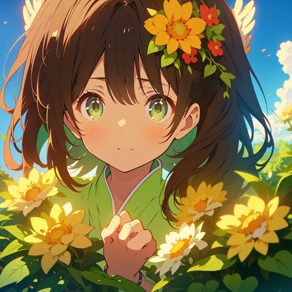 claw pose, kawaii, anime, Cute, hyper quality, highly detailed, 8k, Clarity, Draw facial expressions in detail, Girl with long dark brown hair and green eyes, surrounded by flowers, flowers, bright sky, coffee, claw pose, highlight on eyes, troubled face, 