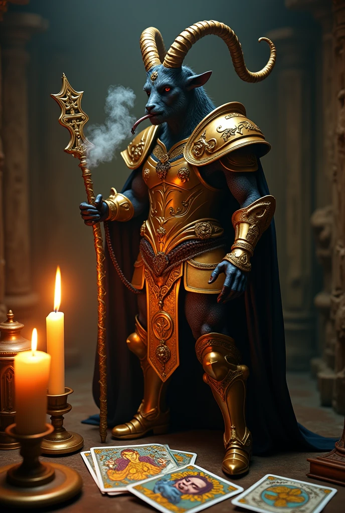 Goat Devil , tarot, smoking, Golden, candlelight! Staff! Card tarot! (Golden armor) Firme eyes! 8k, realist, highlights, (Drink)