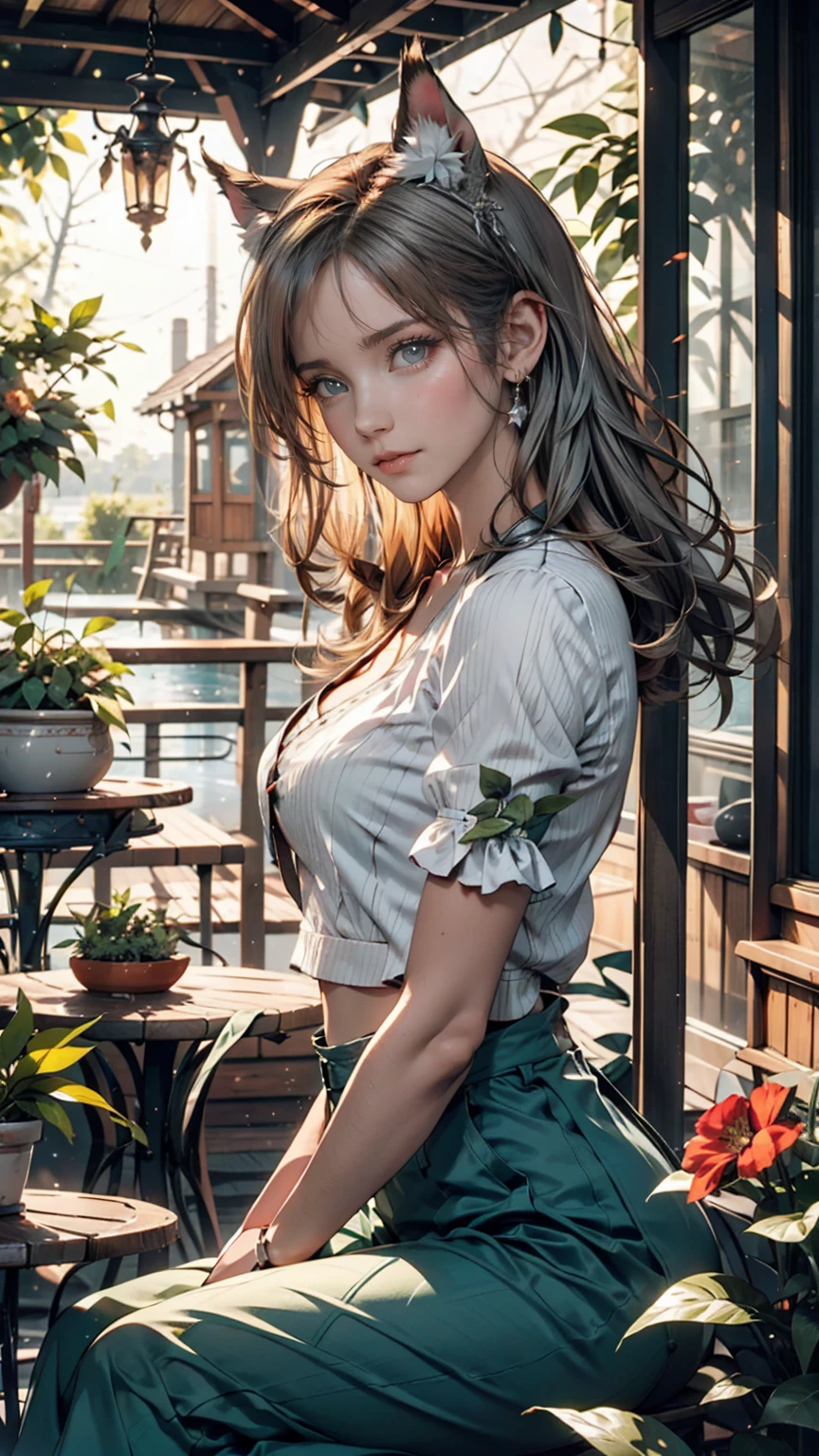 masterpiece, Highest quality,Very detailed,Hyper Details, cinematic Light,, One person, alone, sit, Outdoor, Summer House, sitting in the Summer House, plant, table, chandelier, Candles, Wind, Green Eyes, Pangreen silver hair, short hair, animal_ears, animal_ear_Fluff, Floating Hair, Light, Light frown, profile,View your viewers, dynamic_angle