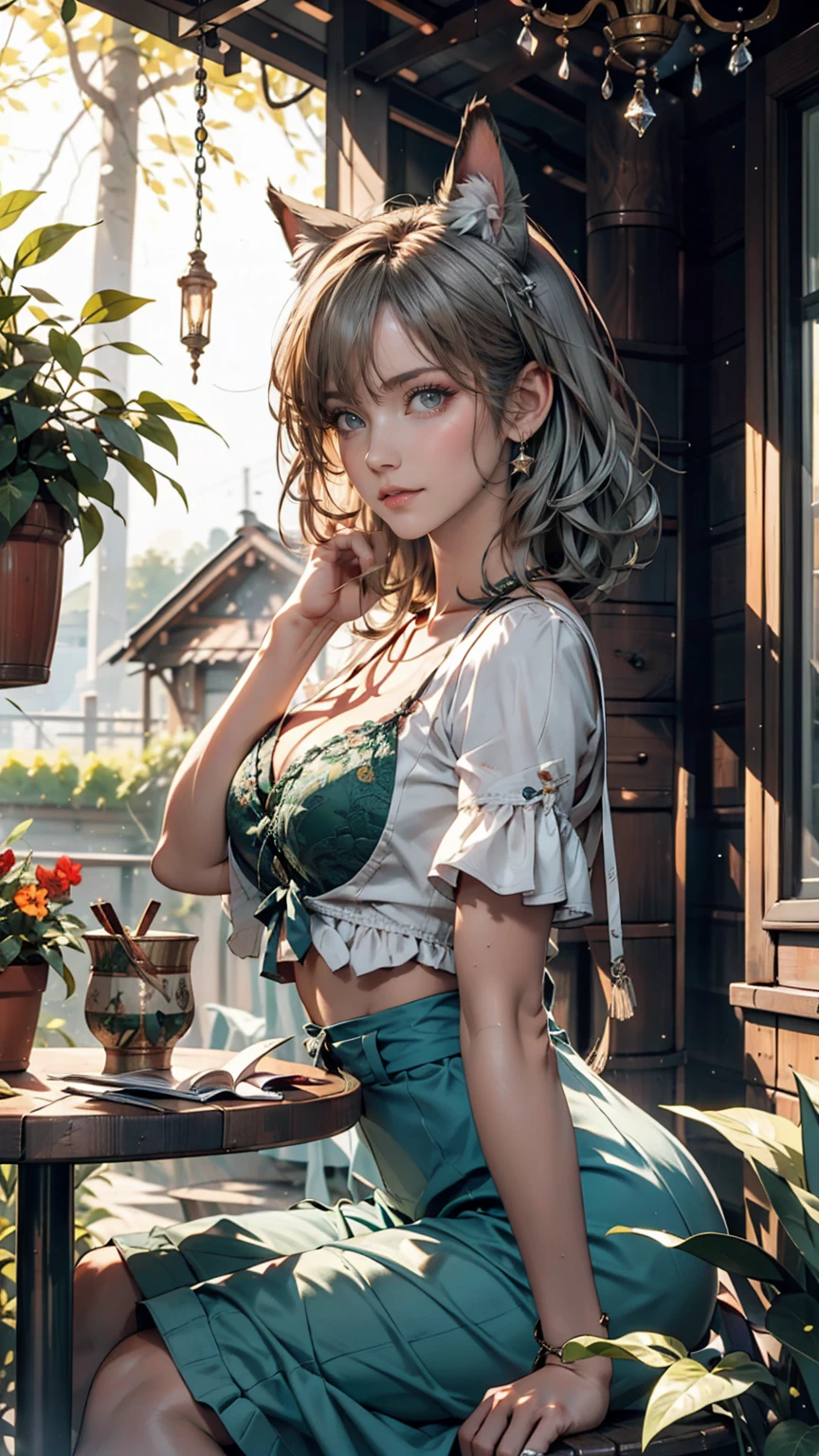masterpiece, Highest quality,Very detailed,Hyper Details, cinematic Light,, One person, alone, sit, Outdoor, Summer House, sitting in the Summer House, plant, table, chandelier, Candles, Wind, Green Eyes, Pangreen silver hair, short hair, animal_ears, animal_ear_Fluff, Floating Hair, Light, Light frown, profile,View your viewers, dynamic_angle