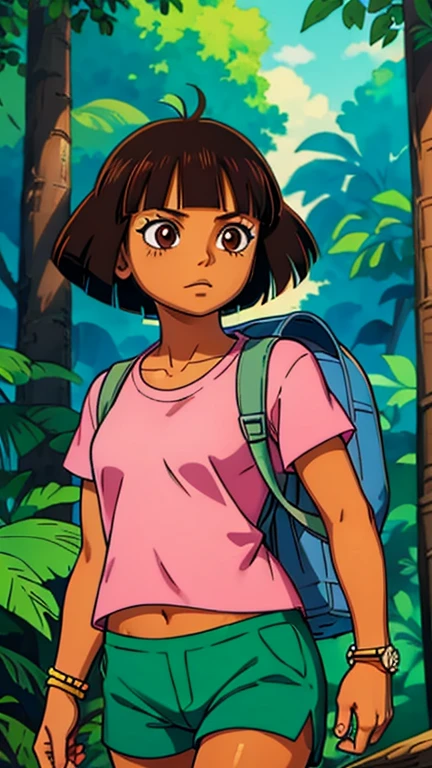 (1girl, dora), (extremely detailed CG unit 8k wallpaper),(master part), (best quality), (ultra detail), (best illustration),(one piece style), cowboy shot, (Sharp eyeliner, ombre, detailed eyes:1), jungle, outdoors ,GHIBLI_Background, break , upper body,(pink shirt, shorts, bracelet,backpack,brown eyes, dark-skinned female, (tan), bob cut), 