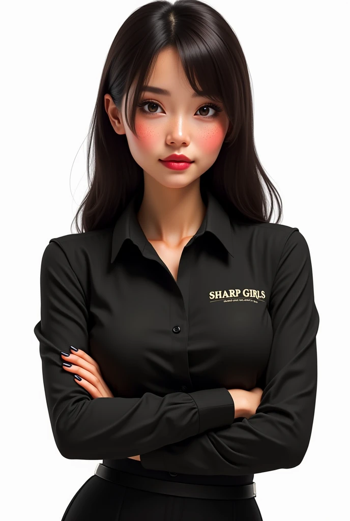 Female AVATAR, straight hair parted in the middle, with freckles on his face, black collared shirt with the name SHARP GIRLS small on the side of the chest, facing forward with arms crossed, power stance, all white image background 