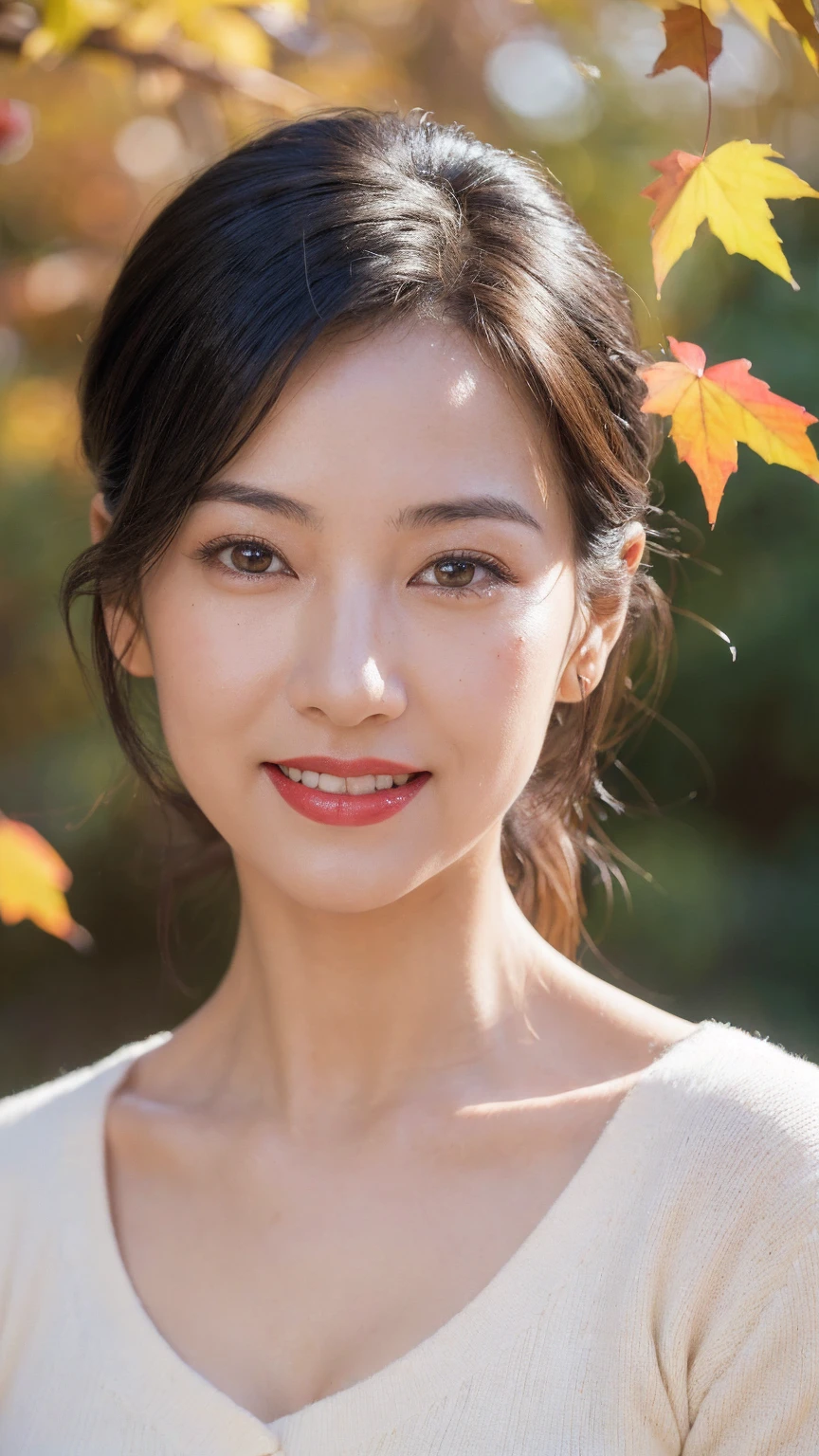 ((Highest quality, 8k, Ultra-high resolution)), ((masterpiece: 1.3)), (Perfect appearance), (Photorealism: 1.6), (JMA), (Who), (Portrait of a mature Japanese woman), (A forest path with beautiful autumn leaves: 1.2), ((Realistic skin texture)), (Fine wrinkles appear all over the skin, Dullness, Unmoisturized skin, Wrinkles around the eyes, double eyelid, Lower eyelid tear sulcus, Dimples, (corner of the eye), Thin eyebrows), Bulbous Nose, Slightly parted lips, Smiling Kindly, BREAK(Red Lip),BREAK (Autumn outfit: 1.2),