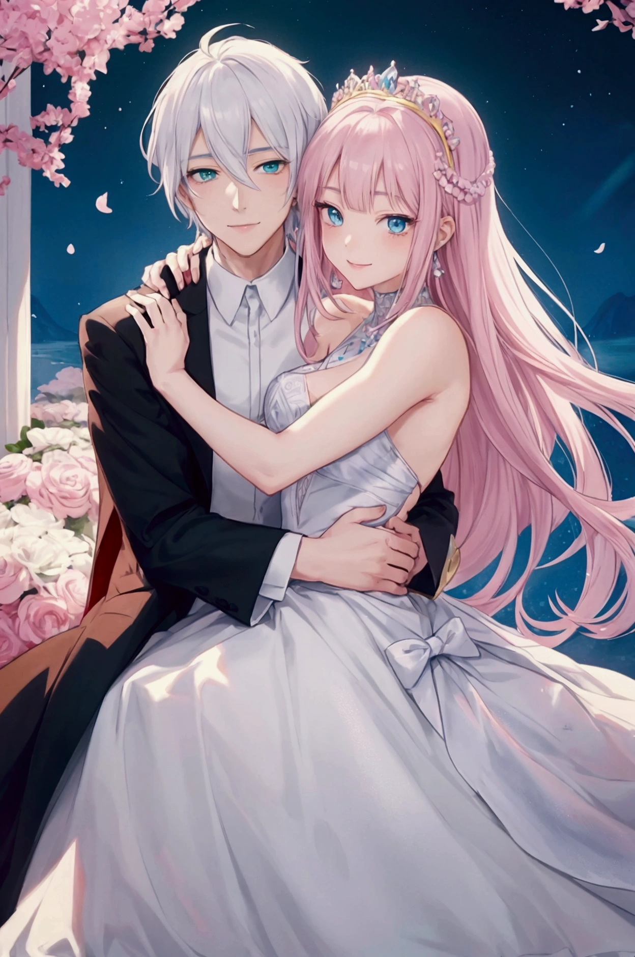 Drawing of a man hugging a woman princess style, conceptual art of love, fan art, inspired by Gege Akutami, the woman has short pink hair and green eyes, with a beautiful smile, the man has white hair and blue eyes, clear skin,smile, high, muscular. anime, Whole body