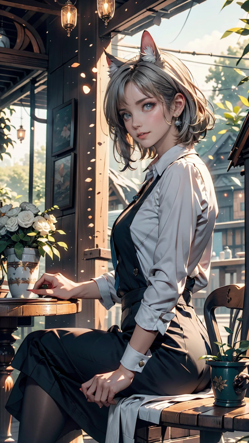 masterpiece, Highest quality,Very detailed,Hyper Details, cinematic Light,, One person, alone, sit, Outdoor, Summer House, sitting in the Summer House, plant, table, chandelier, Candles, Wind, Green Eyes, Pangreen silver hair, short hair, animal_ears, animal_ear_Fluff, Floating Hair, Light, Light frown, profile,View your viewers, dynamic_angle