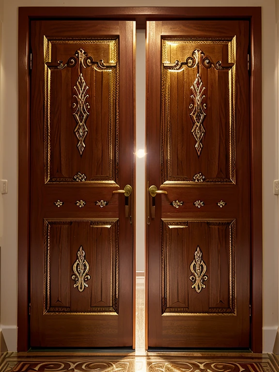 (rectangular wooden door models in bright red color)(front view),(with golden metal handle),(in Christmas and realistic style),(with relief arabesques)