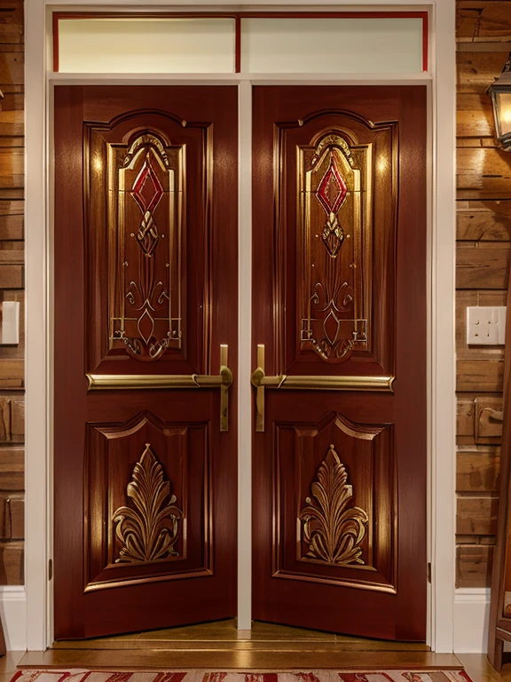 (rectangular wooden door models in bright red color)(front view),(with golden metal handle),(in Christmas and realistic style),(with relief arabesques)