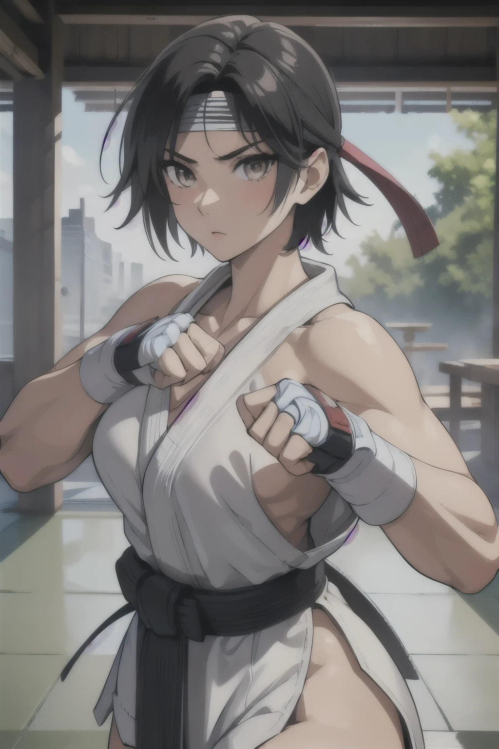 (masterpiece, best quality:1.2), expressive eyes, perfect face, highres, 1girl, solo, ryu \(sf\), (female:1.5), black hair, short messy hair, dougi, white karate uniform, fingerless gloves, red headband, back pose, portrait, l back at the viewer, cowboy shot