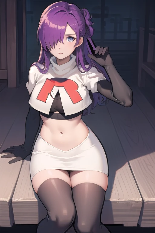 masterpiece, best quality, shez, hair over one eye, looking at viewer, team rocket,team rocket uniform,white skirt,red letter R,crop top,black thigh-highs,black elbow gloves