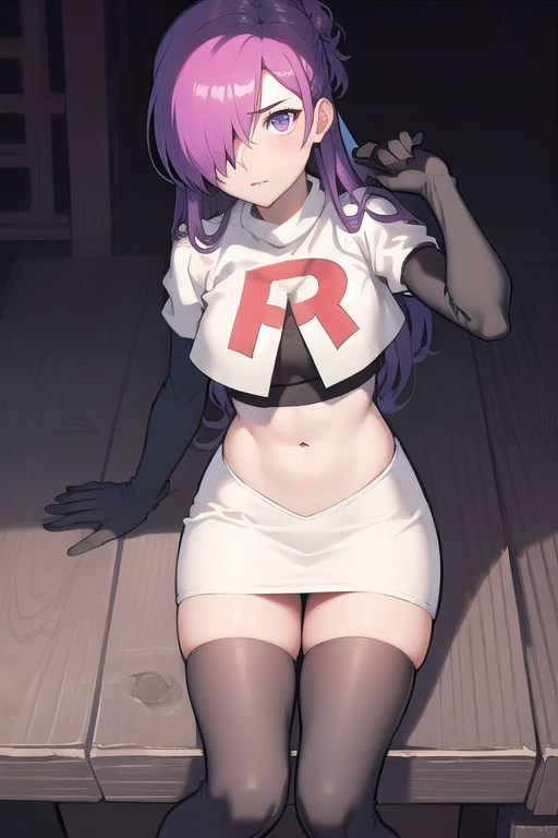 masterpiece, best quality, shez, hair over one eye, looking at viewer, team rocket,team rocket uniform,white skirt,red letter R,crop top,black thigh-highs,black elbow gloves