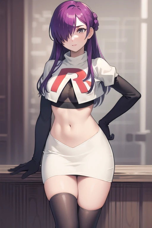 masterpiece, best quality, shez, hair over one eye, looking at viewer, team rocket,team rocket uniform,white skirt,red letter R,crop top,black thigh-highs,black elbow gloves