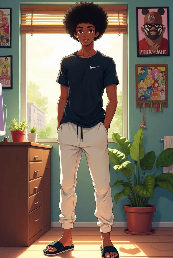 A  19 year old black man in one room with an afro. He is one meter 76 tall and weighs 45 kilos. He has a black t-shirt tightened to his abs and arms. And his t-shirt has short sleeves. At the bottom, he wears slightly wide and white jogging pants. And on his feet, he wears Nike slides. He has brown eyes, black hair, he has the Toshi Toshi no mi fruit. Il se nomme Kozuki Sujiro and it is animated 