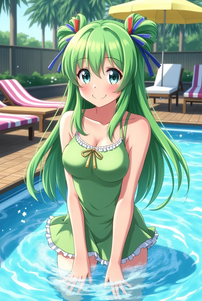 Draw Sanae Kochiya from Touhou Project wearing a school swimsuit