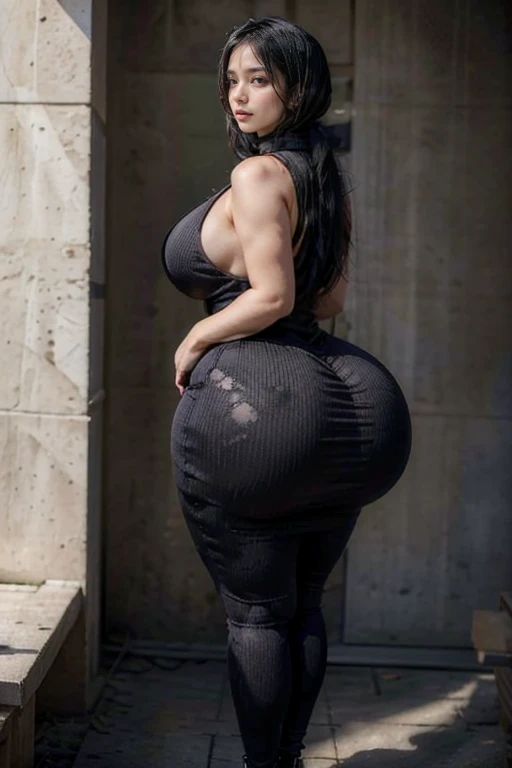 masterpiece, very realistic high resolution, 8K, a woman in hijab posing for photos, ckrdress-fc full body, stunning intricate full color portrait, wearing a black turtleneck, very tight dress, thicc, big booty, thick, wide hips, thick body, beautiful thick woman, strong and big, thick thighs, crazy bulging hips- crazy, she has giant , fat and curvaceous body, curvy booty, thin waist and thick hips, widest hips, slim stomach, from behind