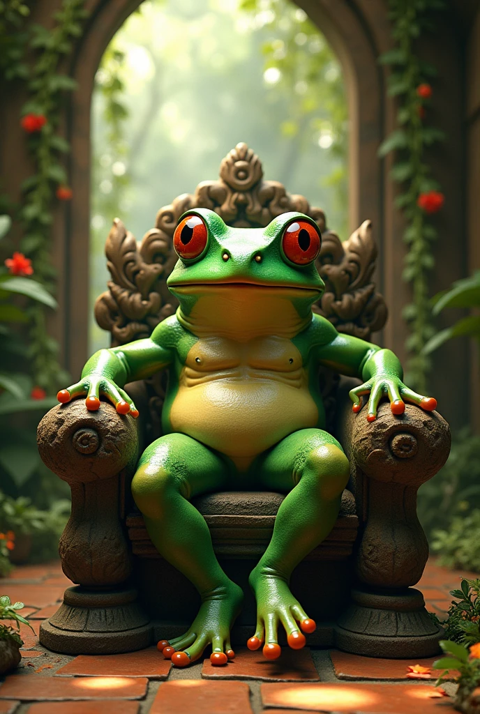 (photorealism:1.2), realistic, humanoid frog, green glowing skin, sitting on throne, indoors in jungle temple, soft lighting, plants in background, sunlight, realistic, intricate details, warm colors