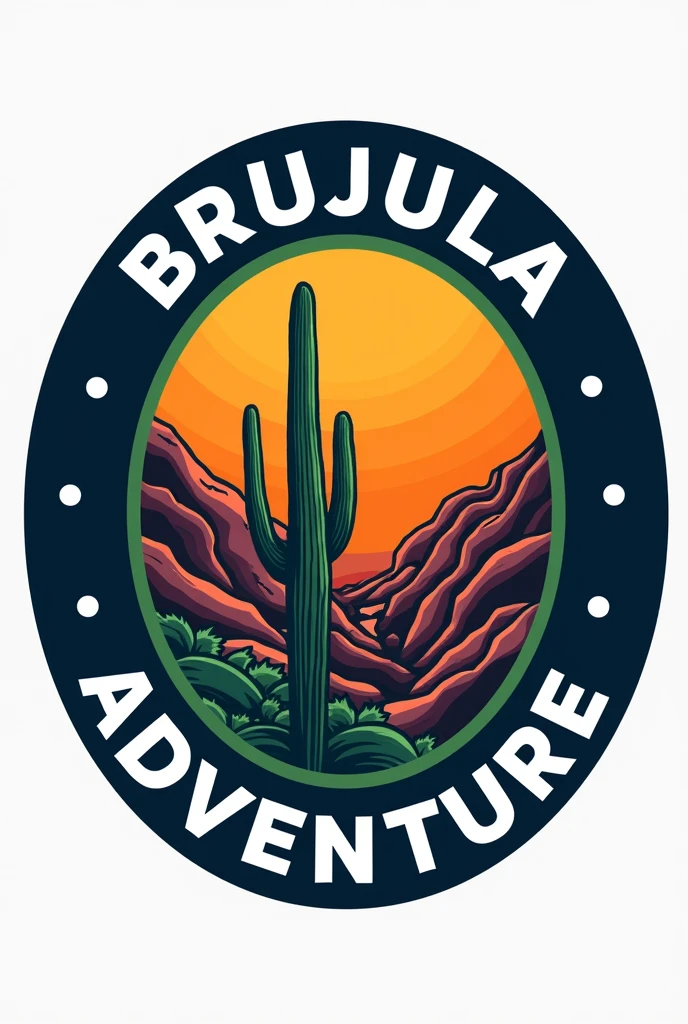 I want a circular logo where it has a thick navy blue border inside the white letters that say "Brujula Adventure" around the edge, Then inside another thinner border in green and inside the circle that is orange and has an illustration of some ravines (that the Quibor ravines stand out )with a single cactus