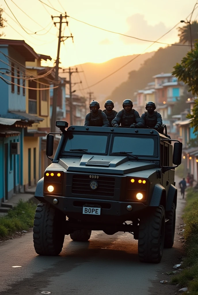 A BOPE Police Vehicle, Invading a Favela,At dawn,Exchange of Fire
