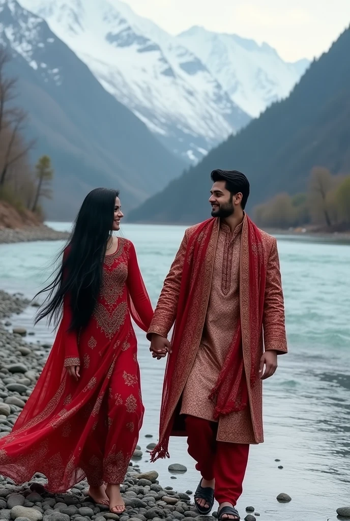 Generate a with black long hair wearing an intricate punjabi style in red smiling while a handsome man with a strong body take a walk while holding hands and smiling, a beautiful snowy mountain and the flowy river with small stones at the river bank as the background. Sofr lighting, highly-detailed, realistic, ultra-sharp, surrealism.