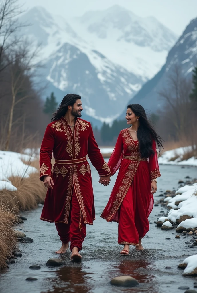Generate a  with black long hair wearing an intricate punjabi style in red smiling while a handsome man with a strong body take a walk while holding hands and smiling, a beautiful snowy mountain and the flowy river with small stones at the river bank as the background. Sofr lighting, highly-detailed, realistic, ultra-sharp, surrealism. 