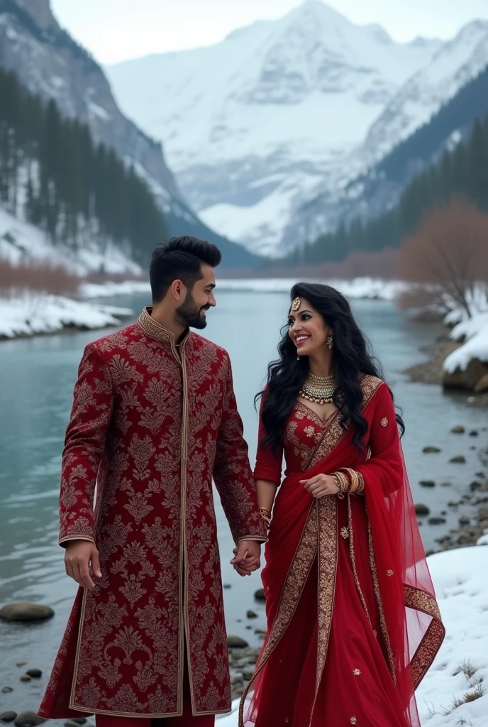 Generate a with black long hair wearing an intricate punjabi style in red smiling while a handsome man with a strong body take a walk while holding hands and smiling, a beautiful snowy mountain and the flowy river with small stones at the river bank as the background. Sofr lighting, highly-detailed, realistic, ultra-sharp, surrealism.