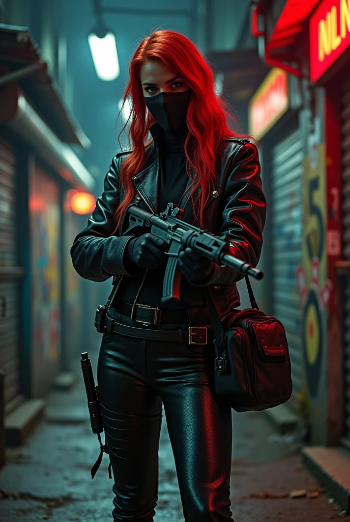 Red-haired snake woman,in assault gear and with masks holding a revolver and a bottom full of money