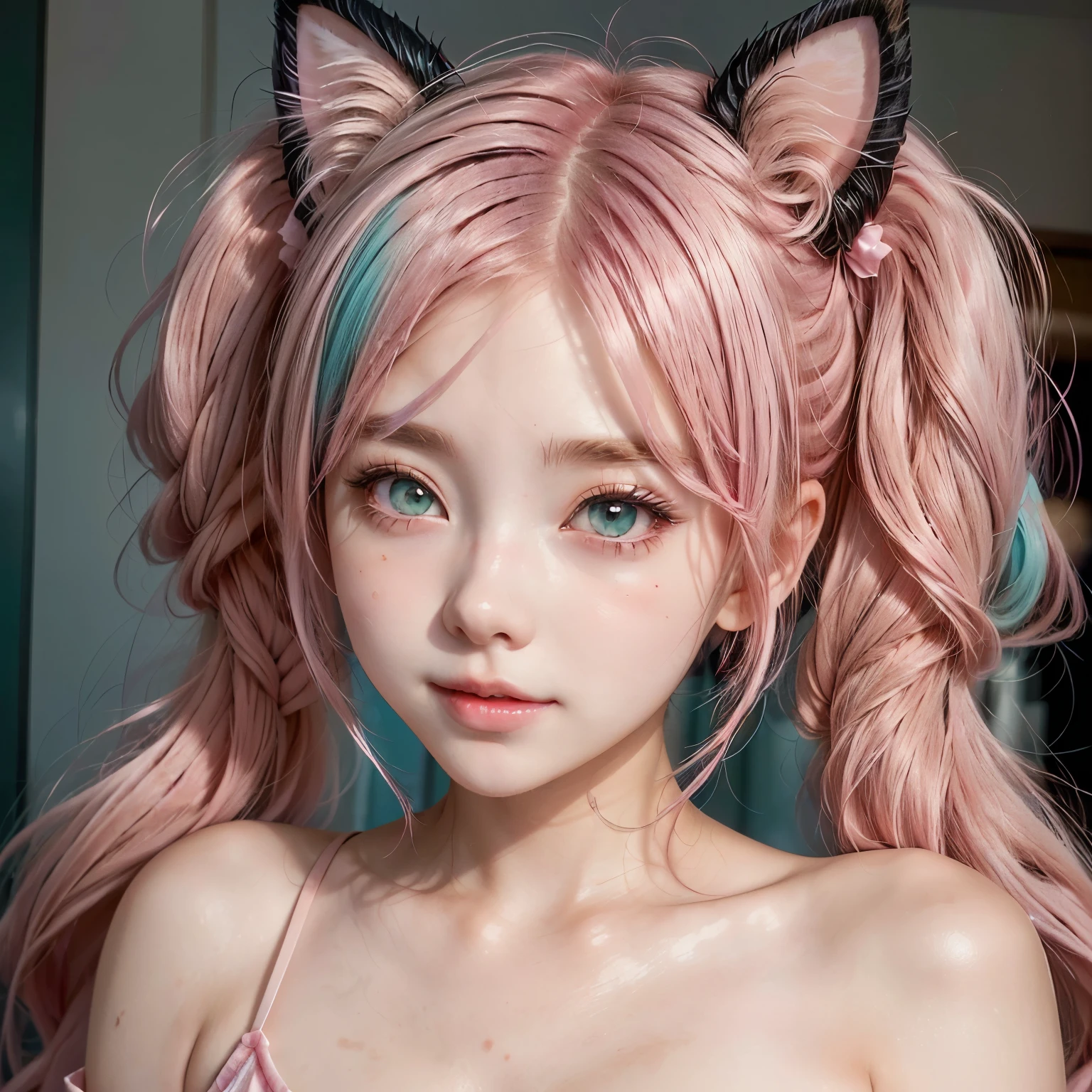 blond haired girl with pink hair and horns on head, belle delphine, pink twintail hair and cyan eyes, anime girl in real life, anime girl cosplay, with pink hair, anime inspired, light pink hair with pink flames, ahegao, anime girl with cat ears, ahegao face, pale red, anime cosplay, pink straight hair, demon anime girl