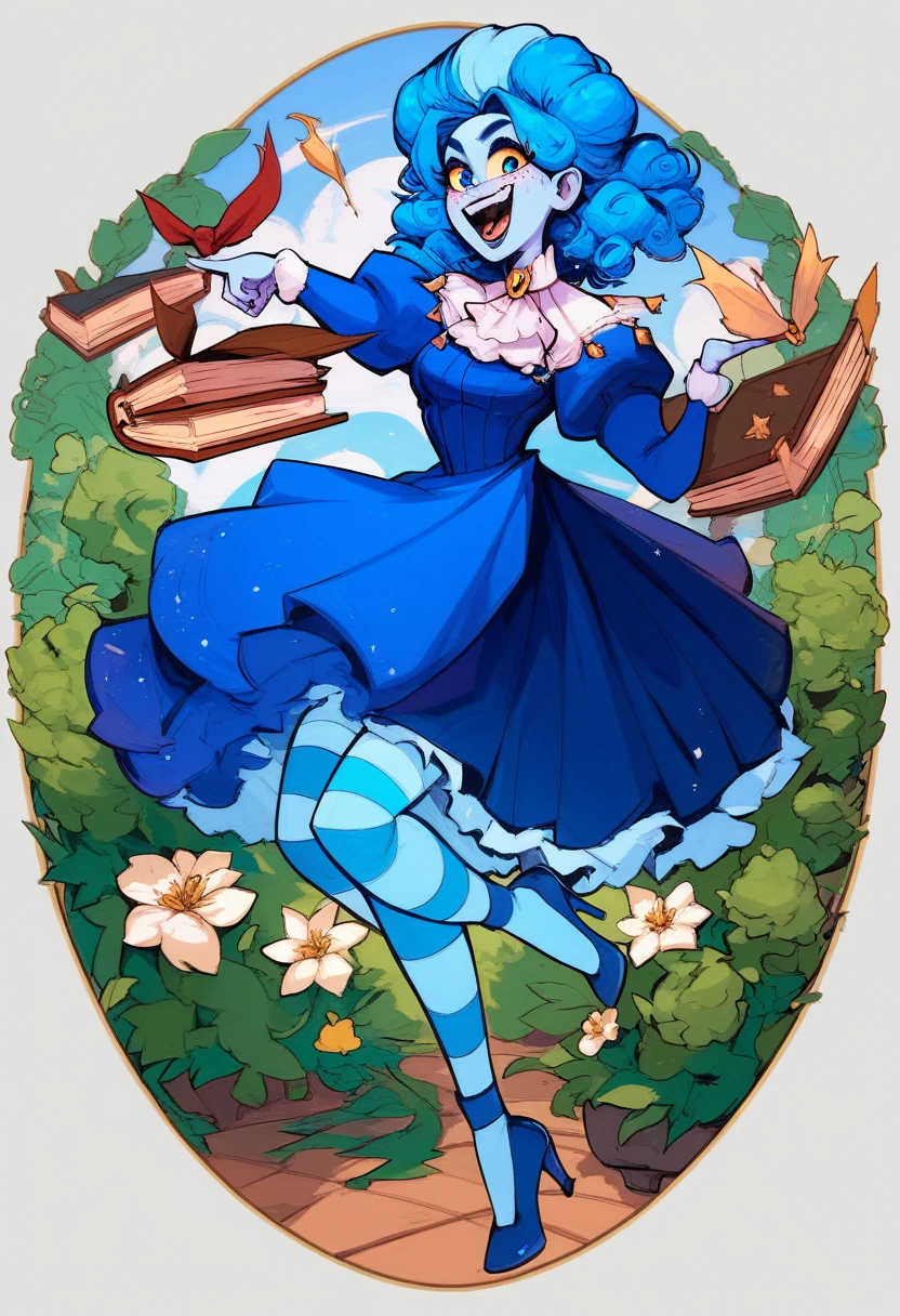 frankelda, 1girl, solo, dress, striped, blue hair, puffy sleeves, high heels, colored skin, freckles, blue striped stockings, floating around garden, evil laughing, look at viewer, book, book in one hand, other hand pointing right to viewer, blue eyes, glowing yellow sclera, garden background