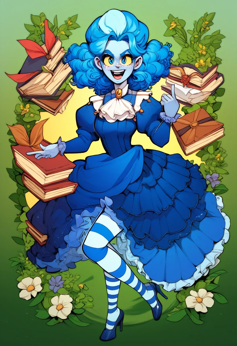 frankelda, 1girl, solo, dress, striped, blue hair, puffy sleeves, high heels, colored skin, freckles, blue striped stockings, floating around garden, evil laughing, look at viewer, book, book in one hand, other hand pointing right to viewer, blue eyes, glowing yellow sclera, garden background