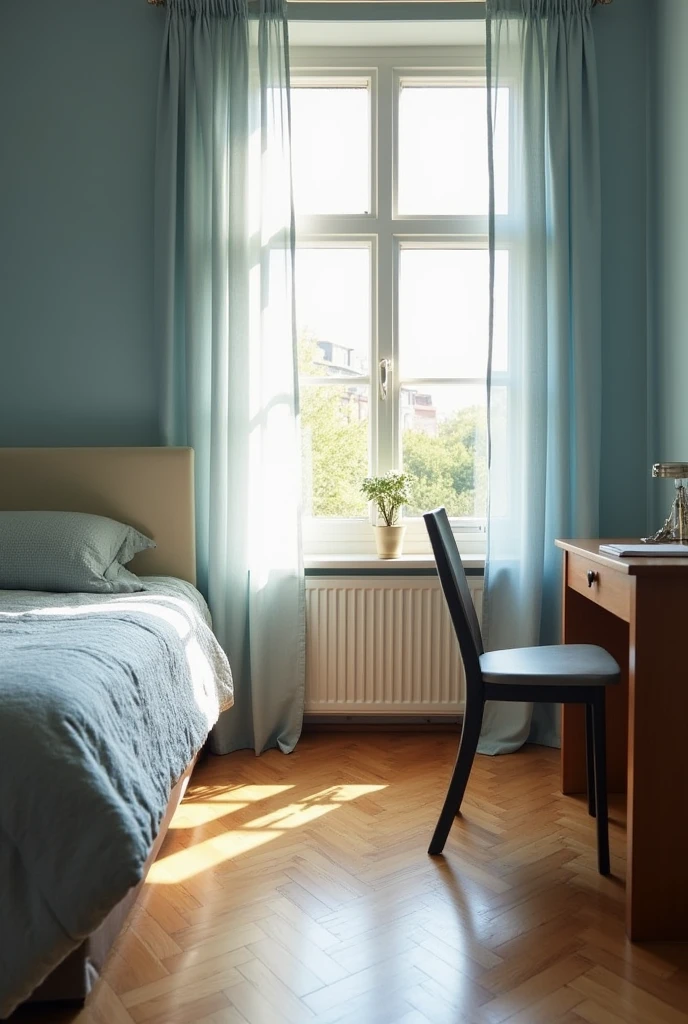 The bed is light blue, the comforter is gray, the curtains are also light blue, the floor is light brown, and next to it there is a desk, the desk is brown, and the chair is gray.