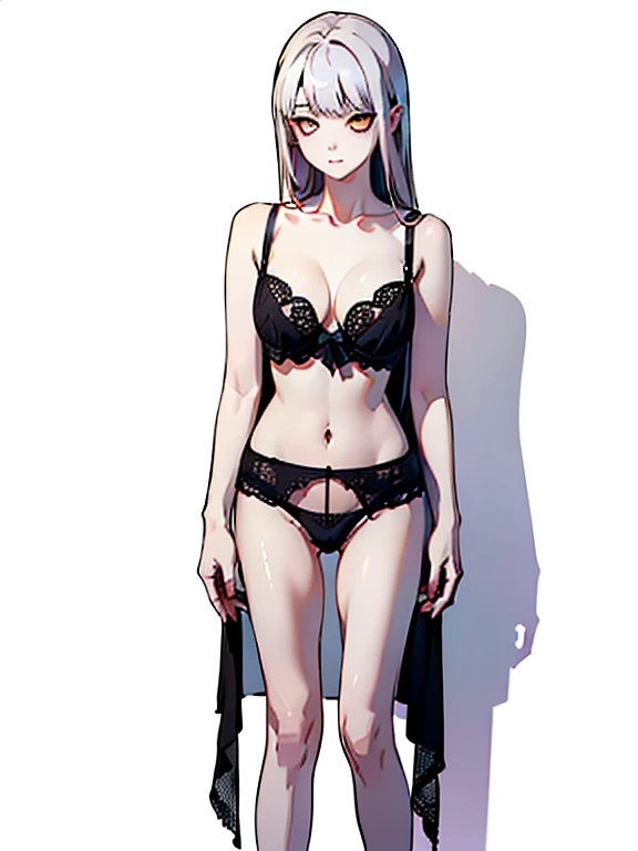 ((((masterpiece, Best Quality, Ultra-high resolution、Best illustrations))))、((Portrait of a person standing against a white background))、(((black sclera and white eyes))), (Very delicate and cute face、Sparkling Eyes)、A beautiful girl in underwear is standing、white long hair, sexy lingerie, Full body portrait、