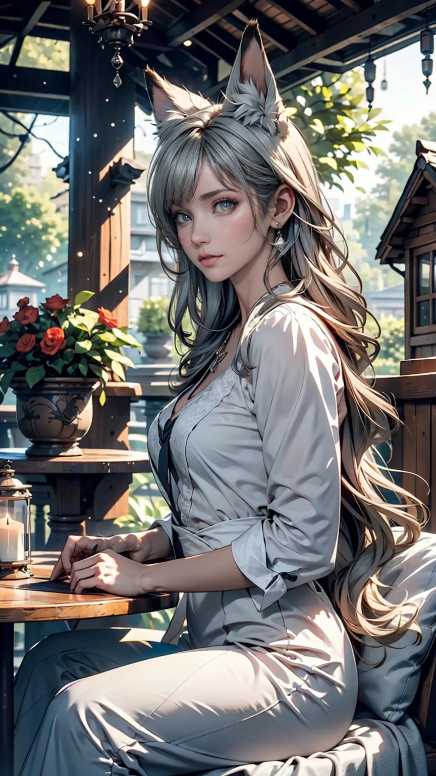 masterpiece, Highest quality,Very detailed,Hyper Details, cinematic Light,, One person, alone, sit, Outdoor, Summer House, sitting in the Summer House, plant, table, chandelier, Candles, Wind, Green Eyes, Pangreen silver hair, short hair, animal_ears, animal_ear_Fluff, Floating Hair, Light, Light frown, profile,View your viewers, dynamic_angle