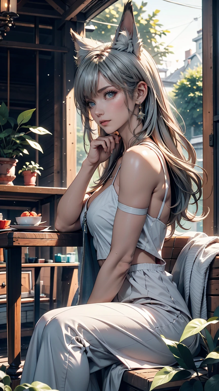 masterpiece, Highest quality,Very detailed,Hyper Details, cinematic Light,, One person, alone, sit, Outdoor, Summer House, sitting in the Summer House,  plant, table, chandelier, Candles, Wind, Green Eyes, Pangreen silver hair, short hair, animal_ears, animal_ear_Fluff, Floating Hair, Light, Light frown, profile,View your viewers, dynamic_angle