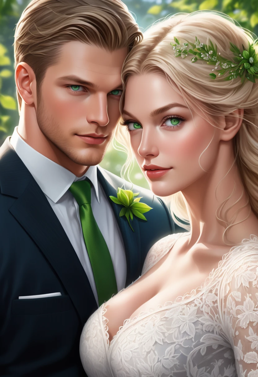 Generate an illustration of a heterosexual couple for a book cover. The beautiful woman looks like Melissa Benoist, pregnant in a white lace dress, huge blonde hair and green eyes. The athletic and imposing man, identical to Chris Wood wearing a dark suit, blue eyes and short dark hair.