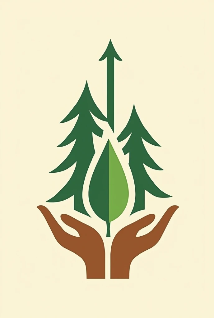 Family farming cooperative logo with two straight pine trees in the style of an upward arrow and two hands holding a plant