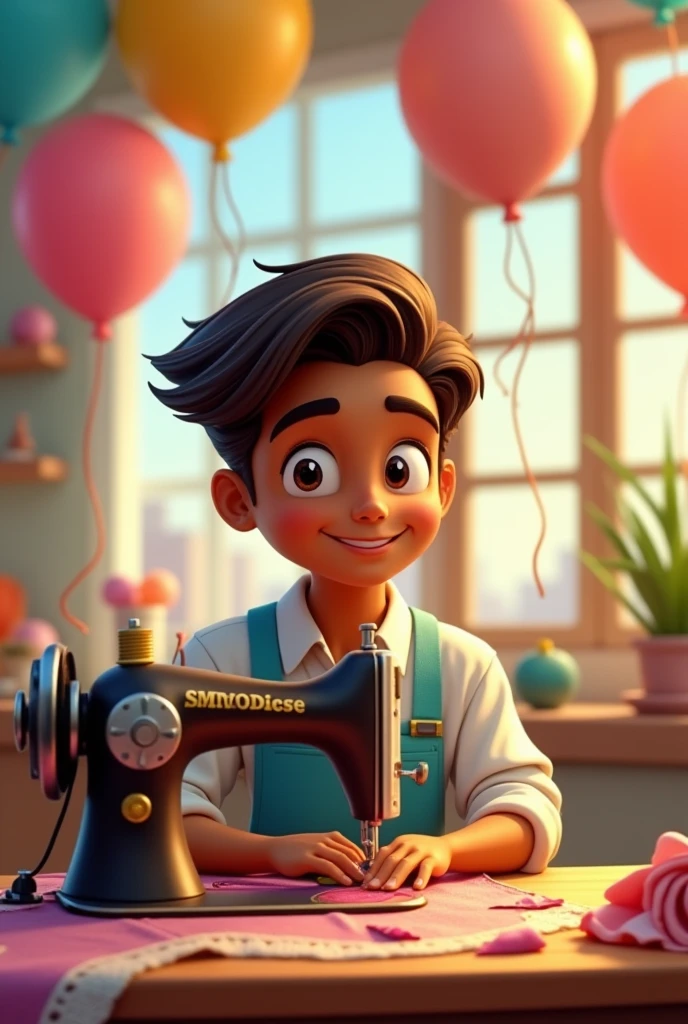 Cartoon man with cinnamon skin, straight hair, dark brown eyes, sitting at a sewing machine with a balloon decoration in the background
