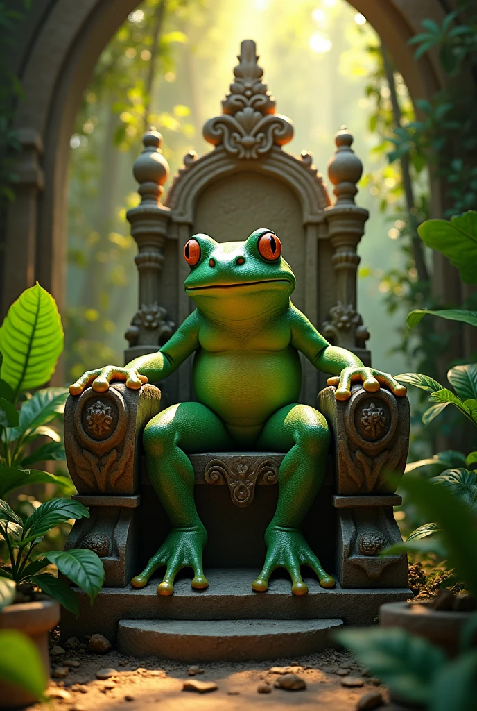 (photorealism:1.2), realistic, humanoid frog, green glowing skin, sitting on throne, indoors in jungle temple, soft lighting, plants in background, sunlight, realistic, intricate details, warm colors